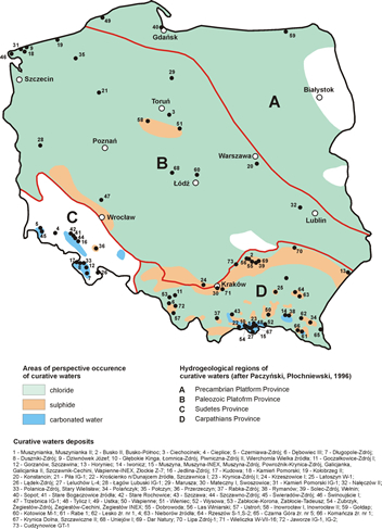 Occurrence of particular chemical types of curative and mineralised waters