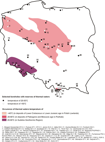 Occurrence of thermal waters in Poland