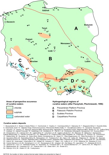 Occurrence of particular chemical types of curative and mineralised waters
