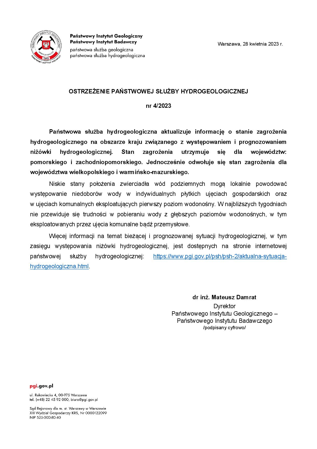 Ostrzeżenie PSH nr 4/2023 z 28.04.2023