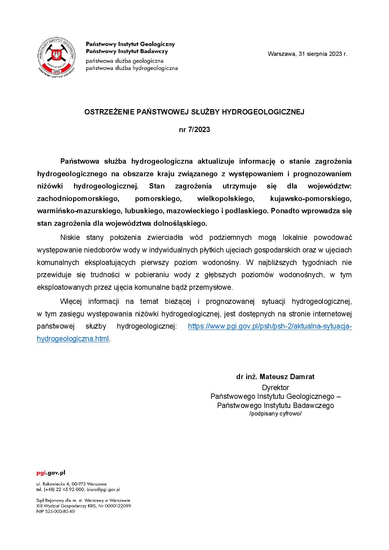 Ostrzeżenie PSH nr 7/2023 z dnia 31.08.2023