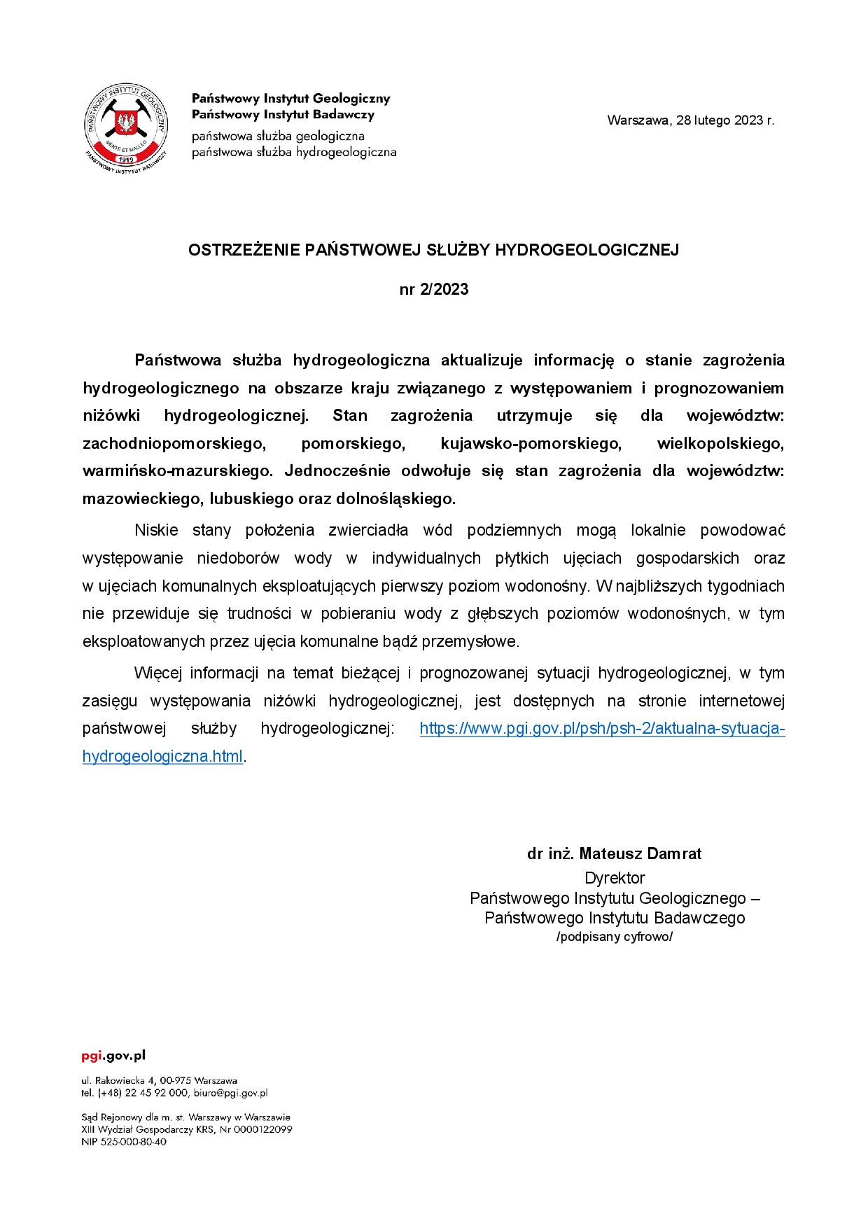 Ostrzeżenie PSH nr 2/2023 z 28.02.2023