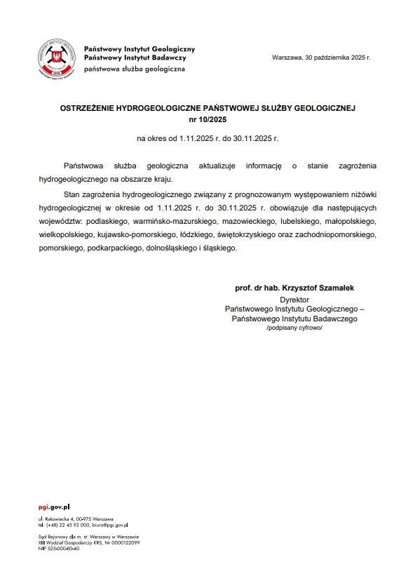 Ostrzeżenie hydrogeologiczne PSG nr 10/2025