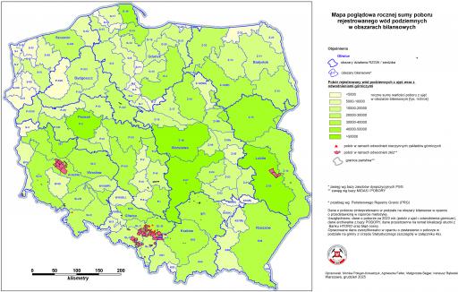 Zał. 2a Mapa rocznej sumy poboru rejestrowanego wód podziemnych w obszarach bilansowych w 2025 (mapa poglądowa)