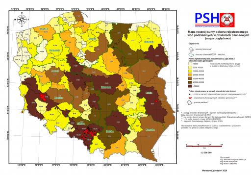 Mapa poboru rejestrowanego wód podziemnych - obszary bilansowe  stan na grudzień 2020 r.