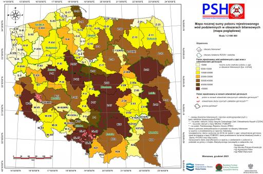 Mapa poboru rejestrowanego wód podziemnych - obszary bilansowe  stan na grudzień 2021 r.