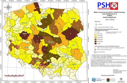 Mapa poboru rejestrowanego wód podziemnych - JCWPd  stan na grudzień 2021 r.