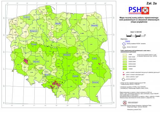 Zał. 2a Mapa rocznej sumy poboru rejestrowanego wód podziemnych w obszarach bilansowych w 2022 (mapa poglądowa)