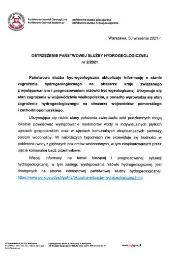 Ostrzeżenie PSH nr 2/2021 dotyczące sytuacji hydrogeologicznej w kraju